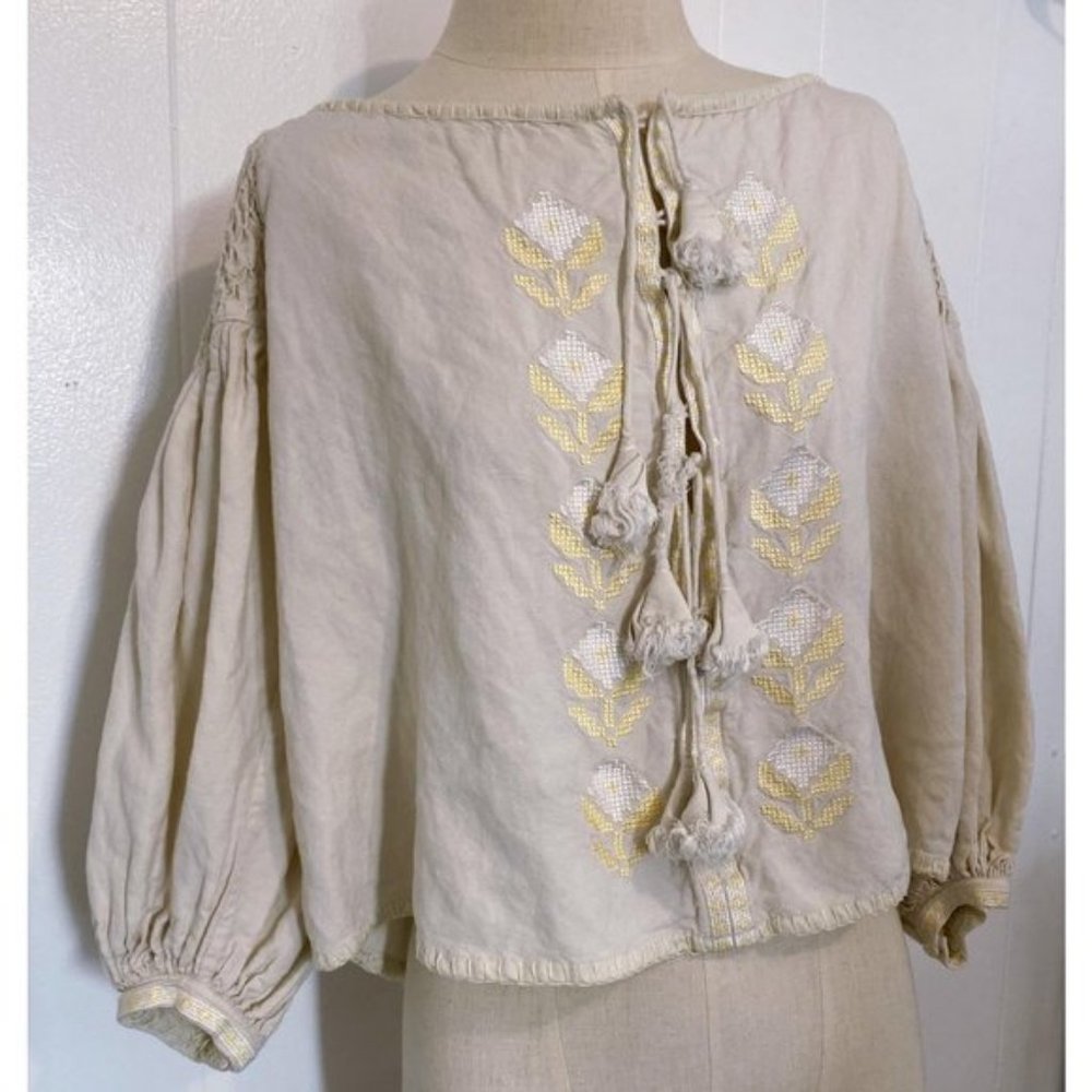 Innika Choo Linen Embroidered Balloon Sleeve Top